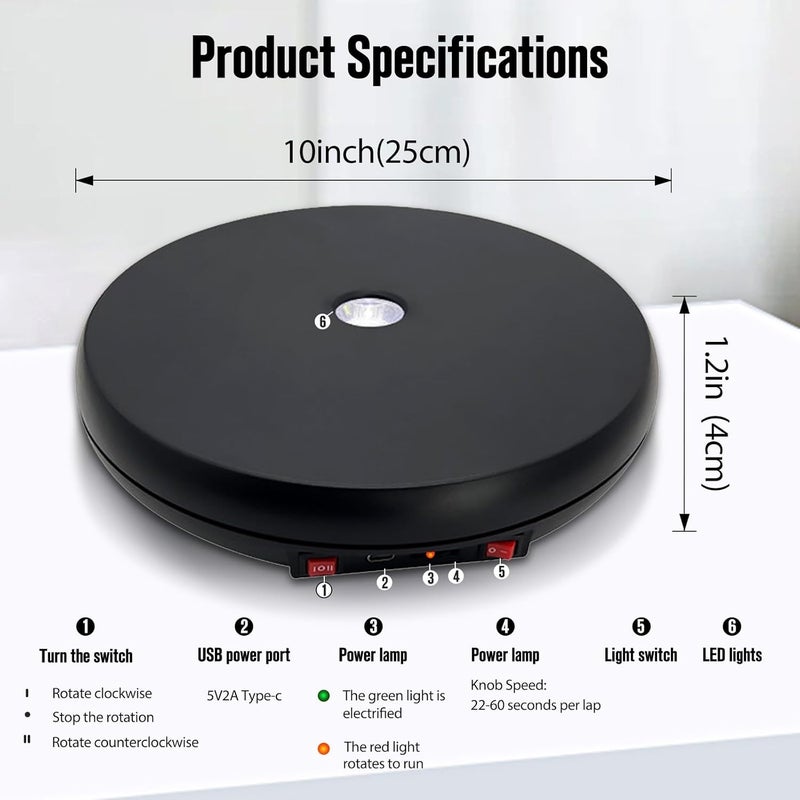 JAYEGT Motorized Rotating Display Stand with LED Light , 10 inch /55lbs Load, 360 Degree Electronic Turntable Display Stand for Photography Products Shows, Jewelry, Watch, 3D Models, Cake (Black) - Image 5